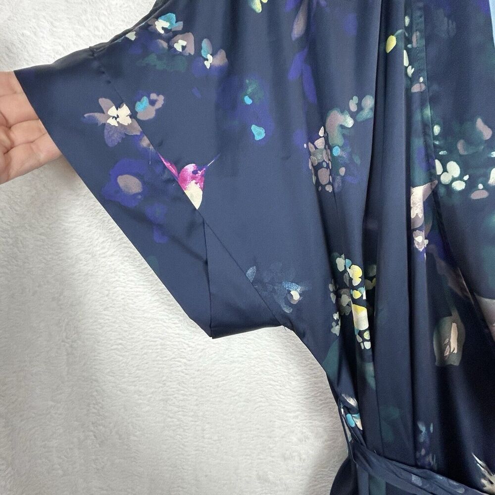 Soma Sensual Robe Wrap Kimono Floral Hummingbird Satin Boudoir Blue Size S/M - Picture 5 of 9